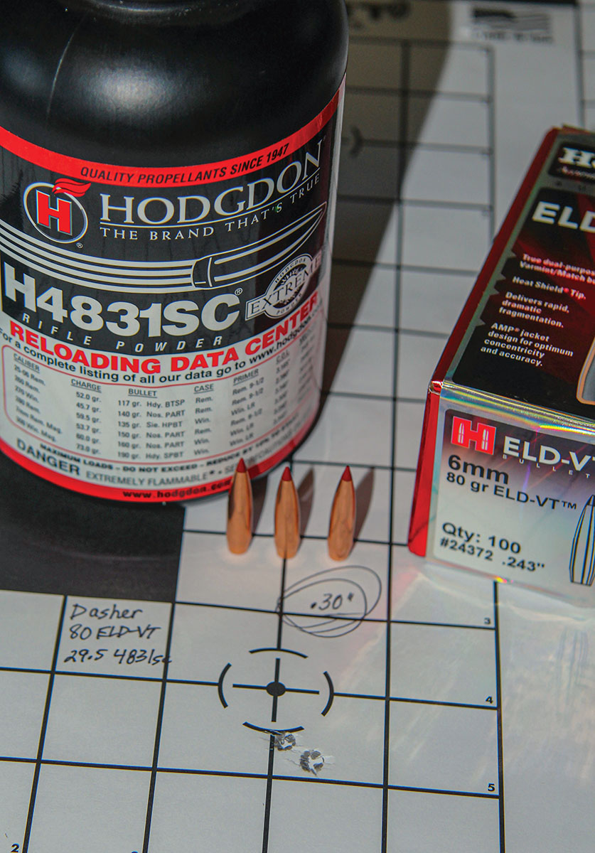 Hornady’s 80-grain ELD-VT, or the seating depth chosen, struggled from the test rifle. This .30-inch group resulted from 29.5 grains of Hodgdon 4831sc, but at a slow 2,381 fps that makes it easy to dismiss.